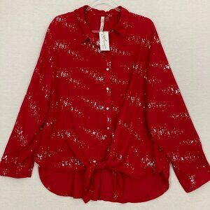 New NY Collection Red Sparkling Tie Front Long Sleeve Button Down 3X Festival